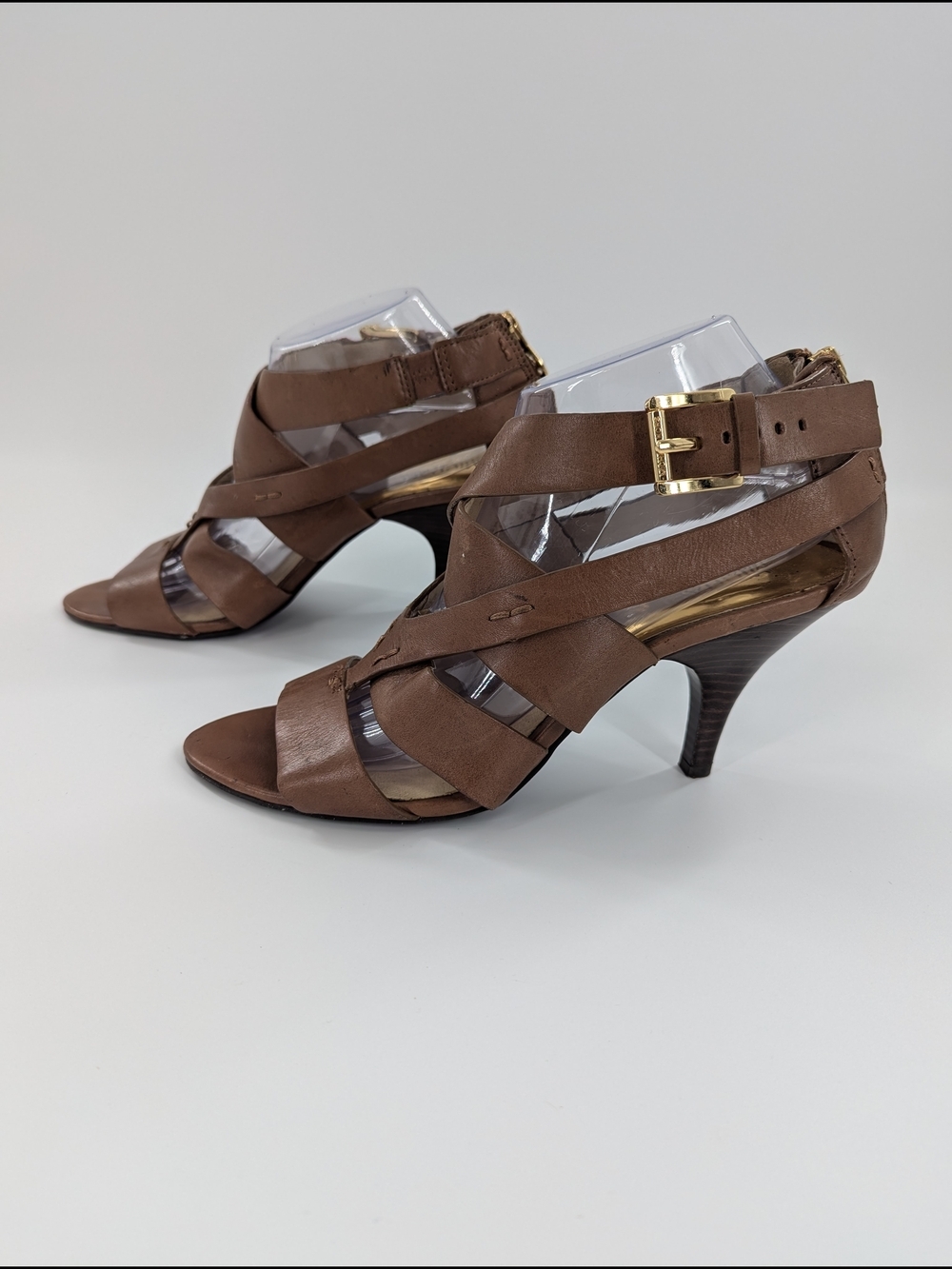 Michael Kors Brown Leather Strappy Heels Sophisticated Back Zip Women's 10M